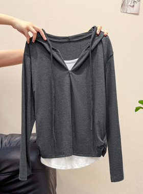 扶摇studio灰色连帽假两件长袖女T恤韩系早秋穿搭酷飒拽姐上衣