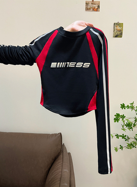 美式复古街头字母印花长袖T恤女秋冬小众复古黑红拼色棒球服上衣