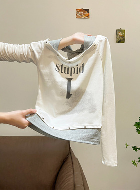 假两件一字肩露肩挂脖长袖t恤女2025新款韩系早秋小众不撞款上衣