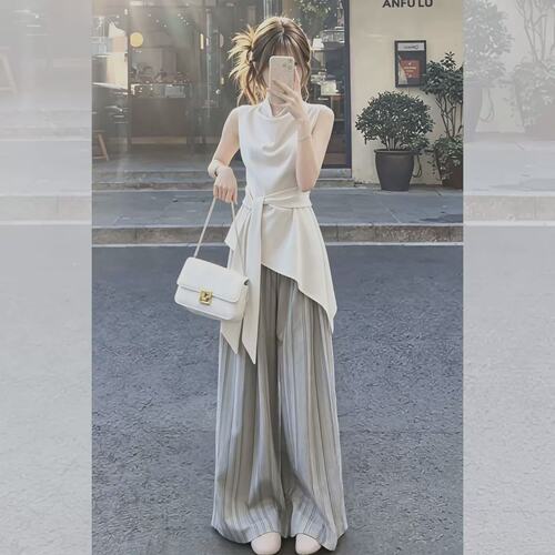 气质轻熟风白色不规则下摆系带无袖t恤女2026新款夏季设计感上衣