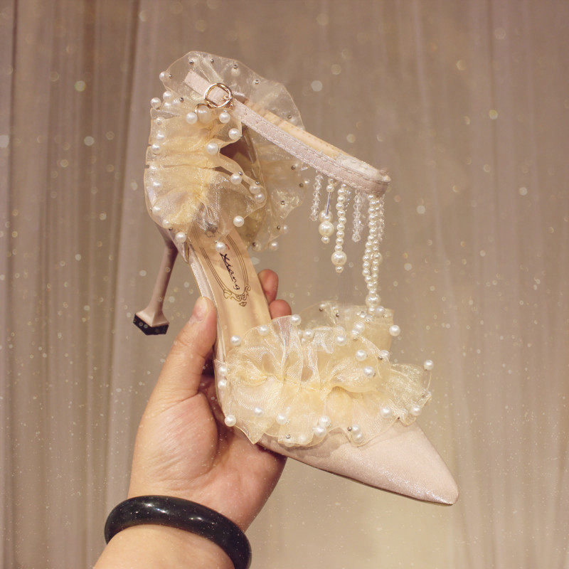 【一池星河】米色尖头流苏甜美原创洛丽塔复古公主珍珠高跟凉鞋,女鞋,一字带凉鞋,淘宝优惠券,粉丝福利购,淘宝优惠卷