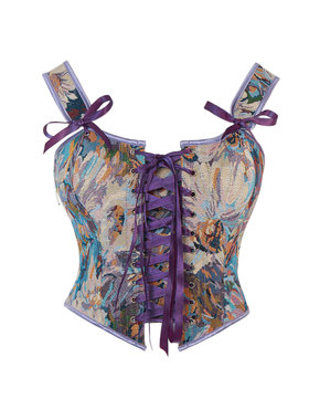 紫色莫奈油画塑身衣复古法式鱼骨胸衣肩带蝴蝶结点缀外穿美体束腰