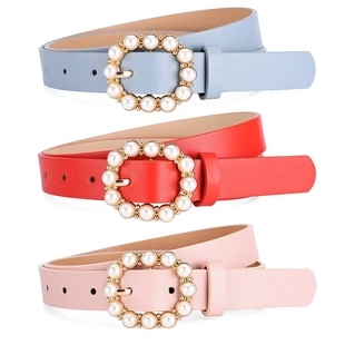 百搭水钻仿皮腰带 时尚 镶嵌珍珠配饰连衣裙皮带女 款 经典