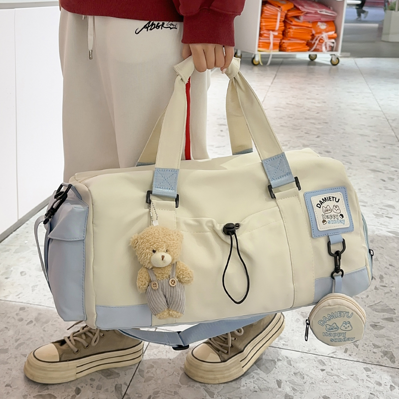 日系高颜值撞色手提包大容量旅行包女生出行游泳健身包轻便斜挎包