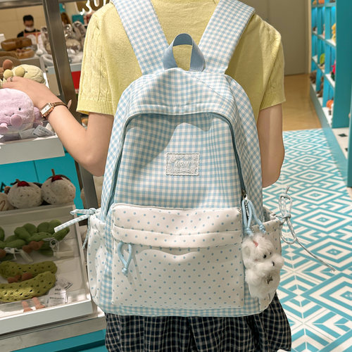 小清新格子波点撞色女学生双肩包