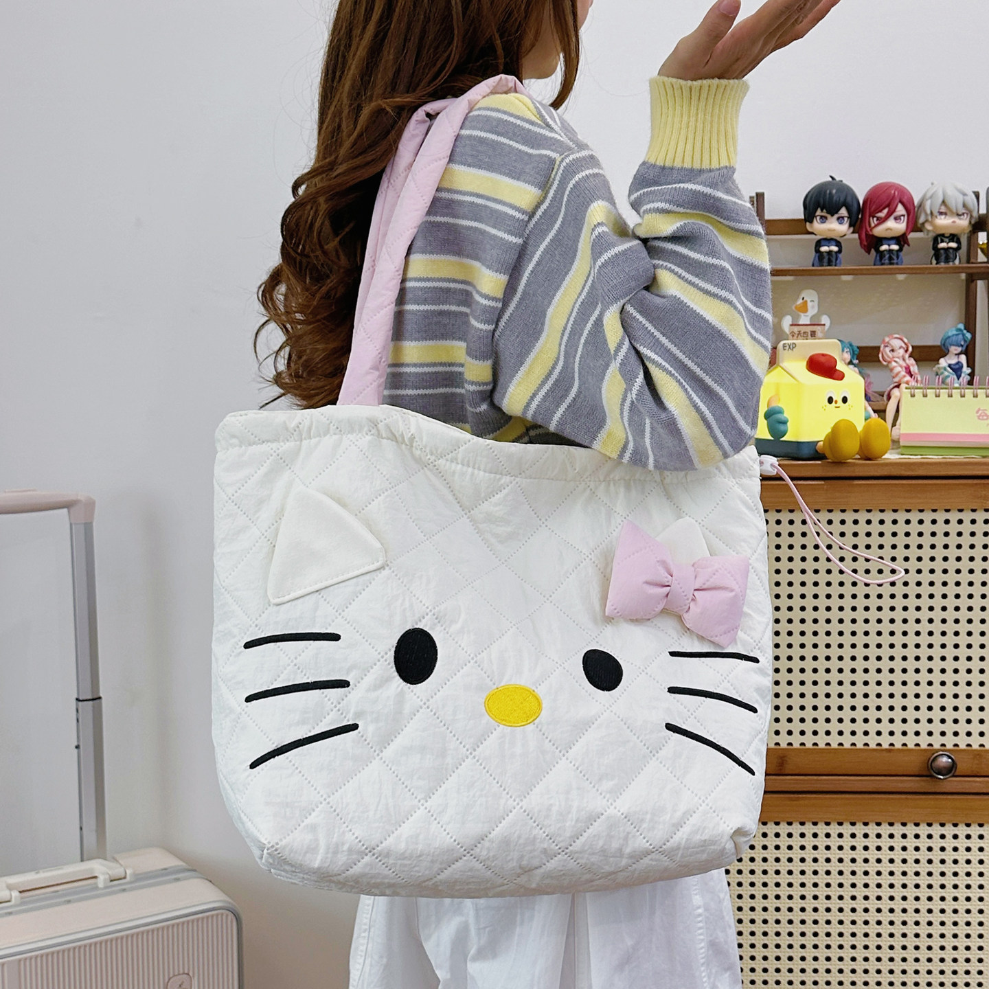 可爱小猫洋气手提包女新款大容量通勤少女感格子单肩包轻便托特包