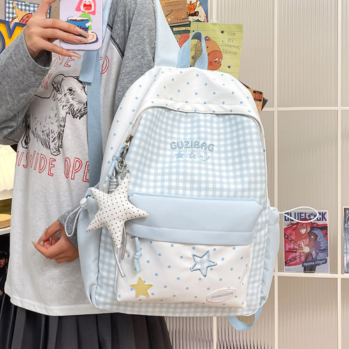 日系学院格子波点女学生双肩包