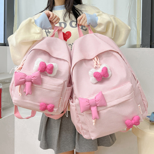 格子小清新双肩包休闲书包