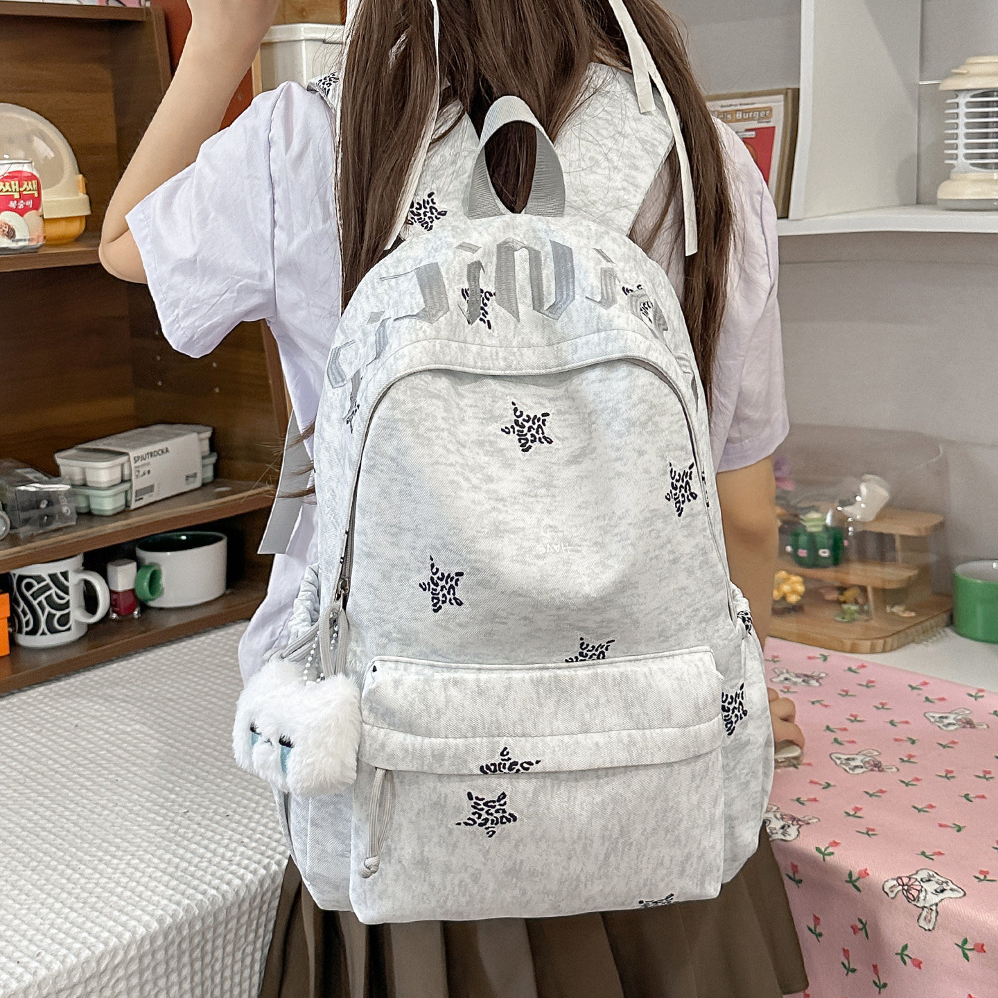 高颜值古着感星星印花大容量双肩