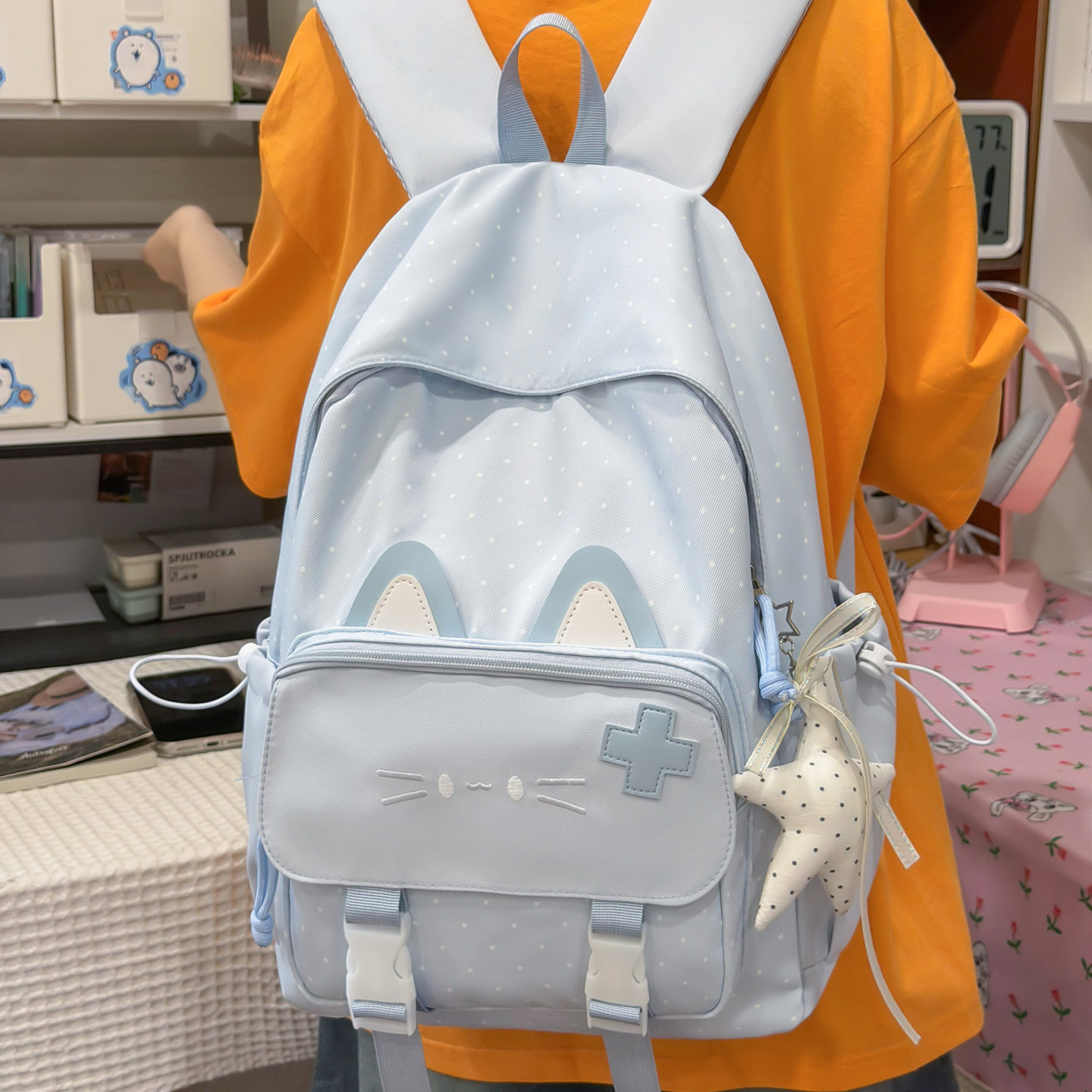 新款小猫卡通波点书包女小学生三到六年级双肩包中学生大容量背包