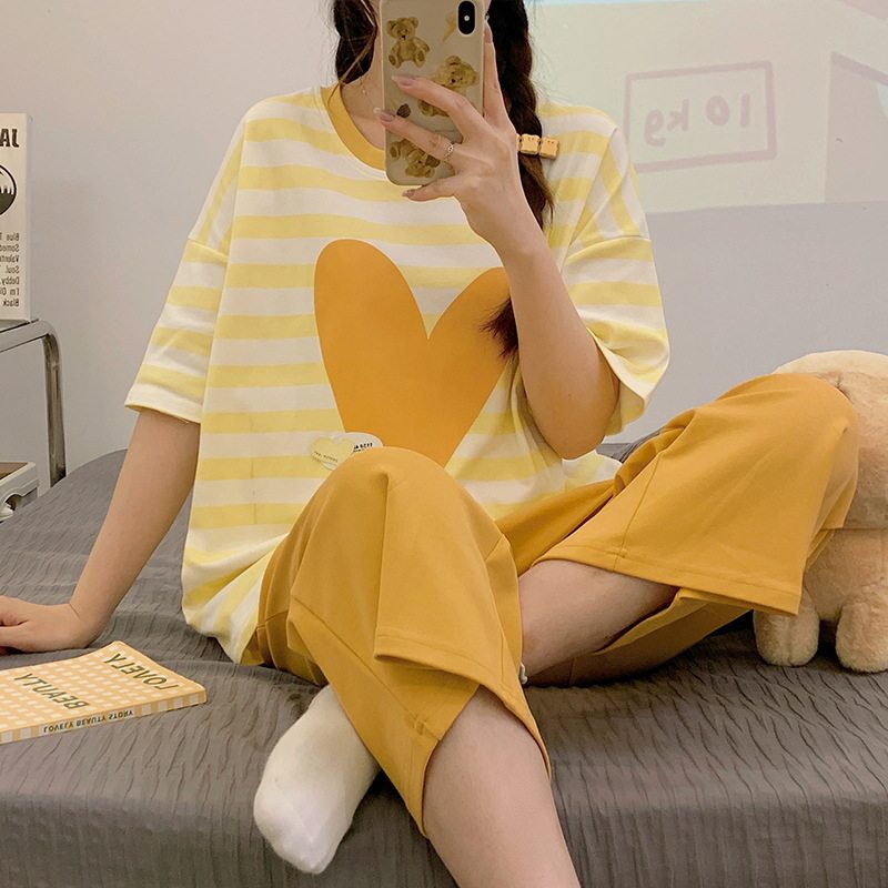 [超柔软]A类抑菌纯棉睡衣女款夏季短袖七分裤学生党套装居家居服