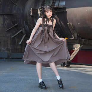 蒸汽大陆 X蒸汽朋克咖白条纹肩带吊带连衣裙襦裙抹胸裙 新中式