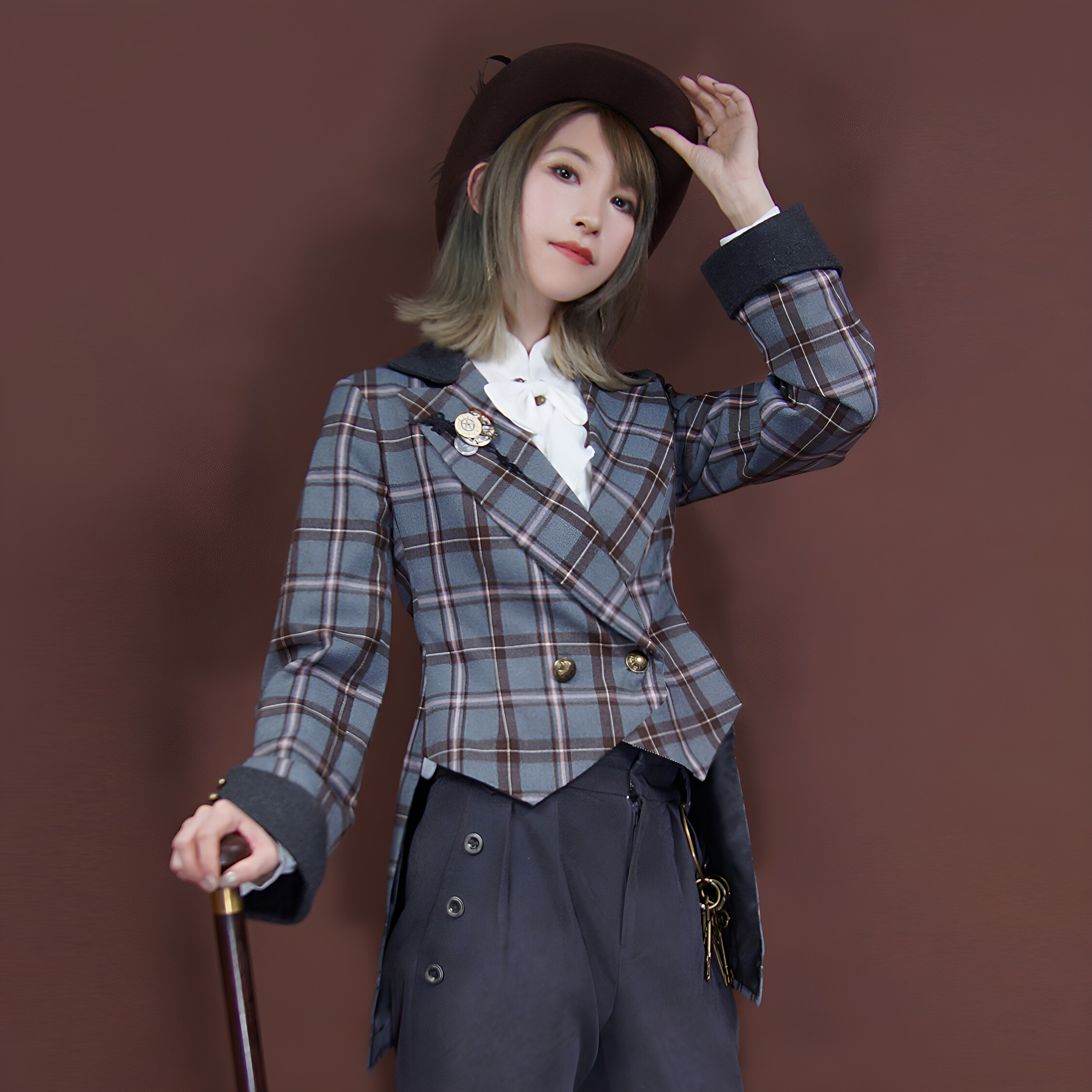 蒸汽大陆 女士薄呢蓝灰色织格纹复古英伦马术上衣外套西装西服