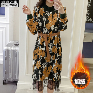 新款 中长款 秋冬2020秋季 压褶女长袖 蕾丝拼接内搭碎花打底裙 打底衫