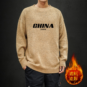 M19001加绒款-P65秋冬季加厚加绒毛衣男大码宽松休闲针织衫外套图片