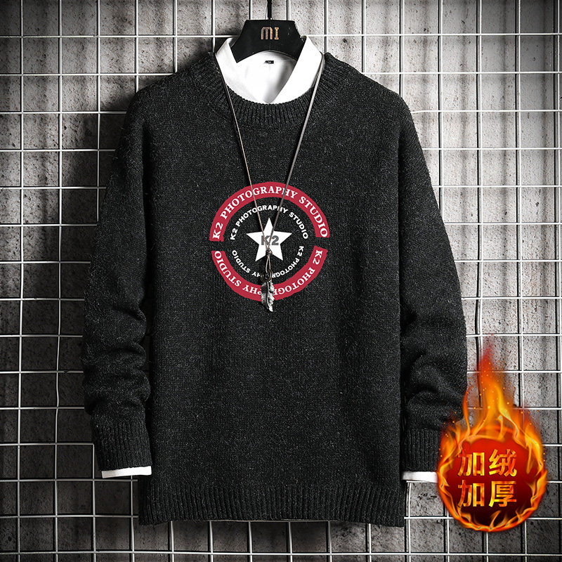 M19032加绒款-P65秋冬季加厚加绒毛衣男大码宽松休闲针织衫外套，男装针织衫/毛衣，电商A040A