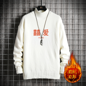 M18020加绒款-P65 秋冬季半高领毛衣男宽松加绒加厚针织衫图片