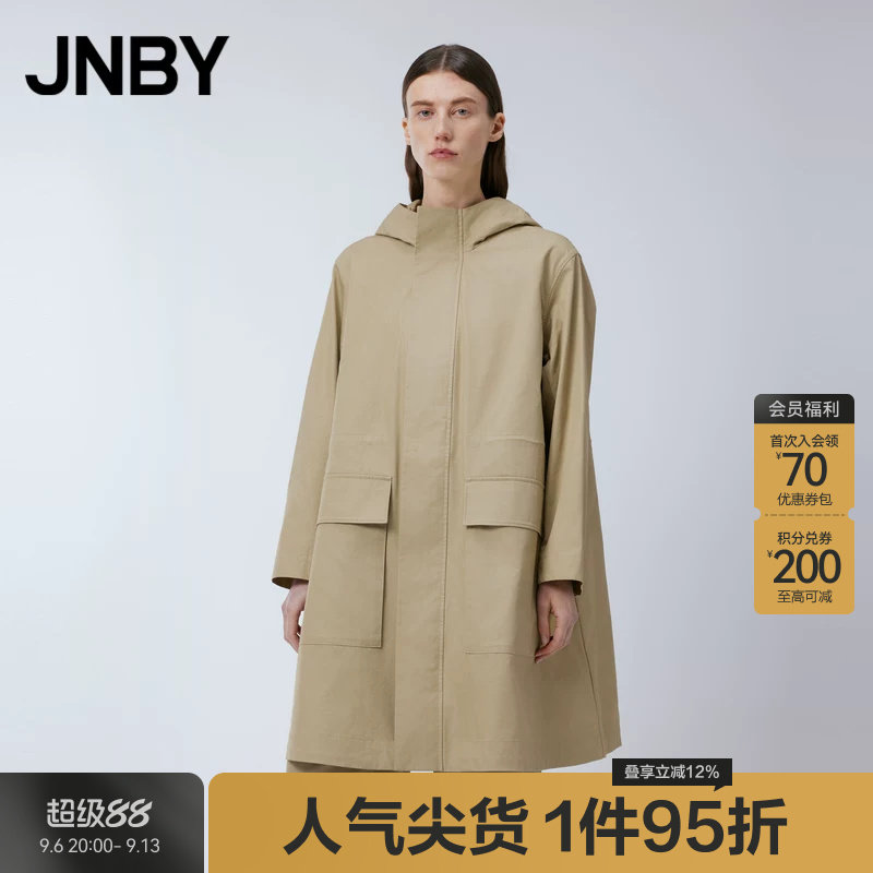 JNBY/江南布衣春季女装中长款风衣连帽H型棉质纯色外套宽松休闲