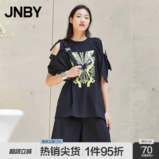 江南布衣折扣春夏T恤女100%棉印花圓領(lǐng)寬松通勤短袖 JNBY 通勤女