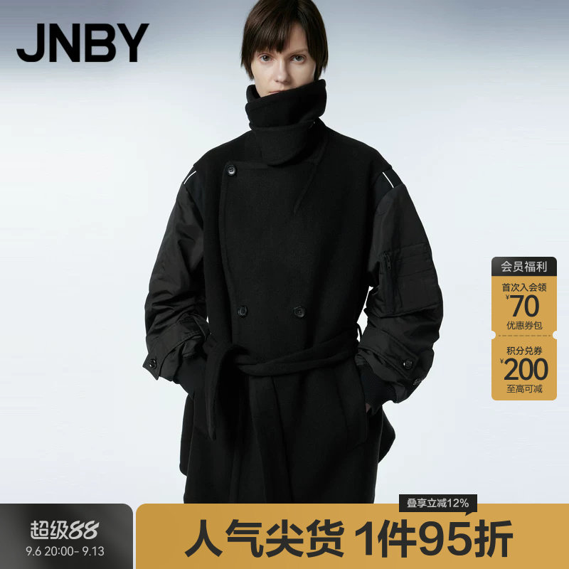 JNBY/江南布衣秋冬毛呢外套女中长款拼接设计翻领简约双面呢大衣