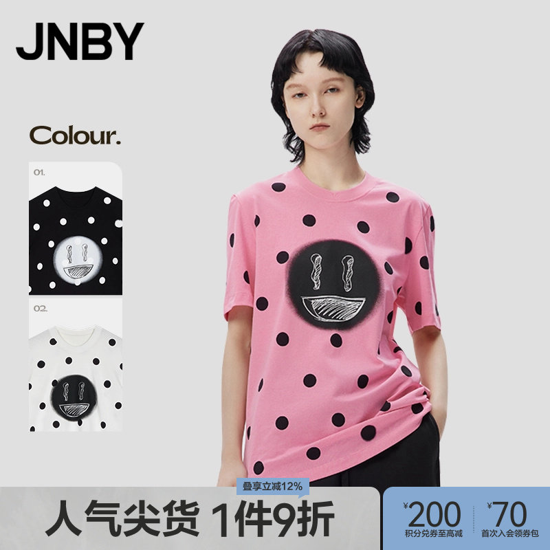 JNBY/江南布衣春秋季印花T恤女波点短袖上衣笑脸图案印花套头衫