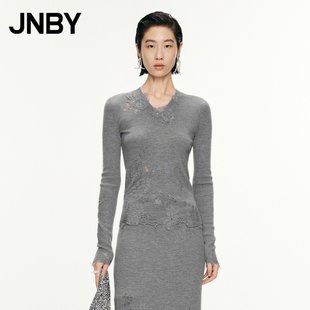 JNBY 镂空5O9313070 江南布衣春秋针织衫 女绵羊毛蕾丝拼接v领修身