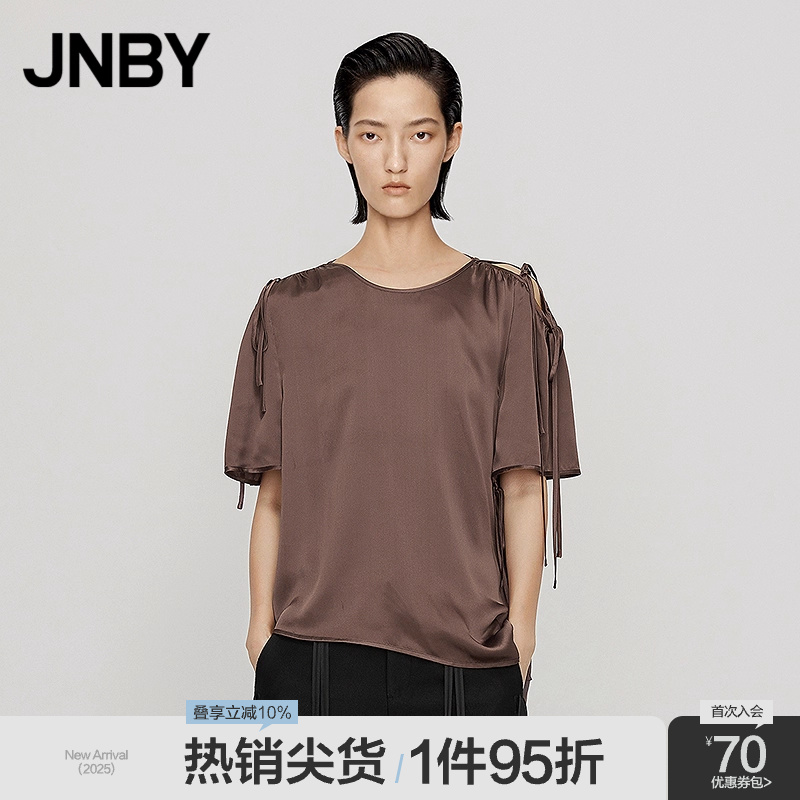 JNBY/江南布衣折扣春夏衬衫女套头蝴蝶结绑带光泽感圆领短袖通勤
