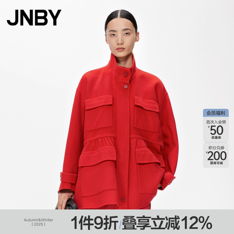 JNBY/江南布衣折扣秋冬双面呢大衣纯色工装红色立领毛呢外套女