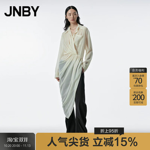 JNBY/江南布衣春秋季衬衫连衣裙A字袖长裙不规则欧根纱简约气质裙