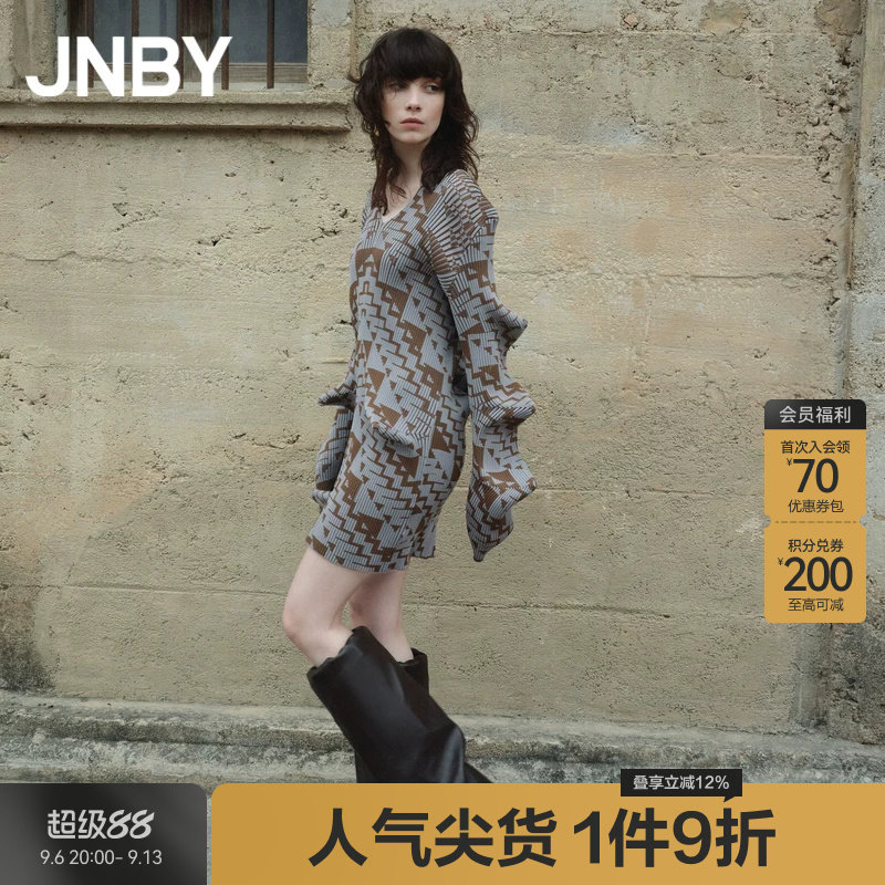 JNBY/江南布衣春秋针织连衣裙立体造型V领修身复古裙子5N8G14040图片