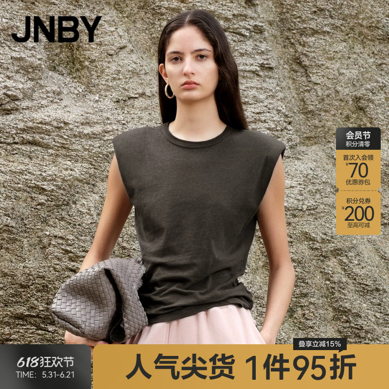 【断码清仓】JNBY/江南布衣夏折扣T恤无袖圆领复古垫肩女简约纯色