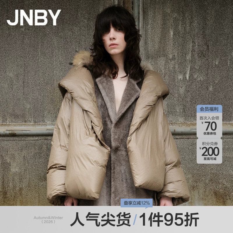 JNBY/江南布衣冬季羽绒服中长款连帽毛领宽松休闲亮面通勤外套女图片