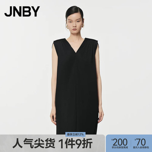 JNBY/江南布衣夏季女装连衣裙A字V领无袖百褶短裙通勤女5O5G14500