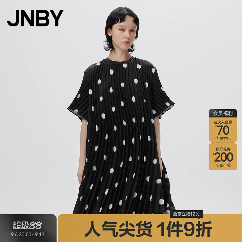 JNBY/江南布衣春秋季连衣裙女A字印花裙波点百褶裙优雅宽松短袖裙