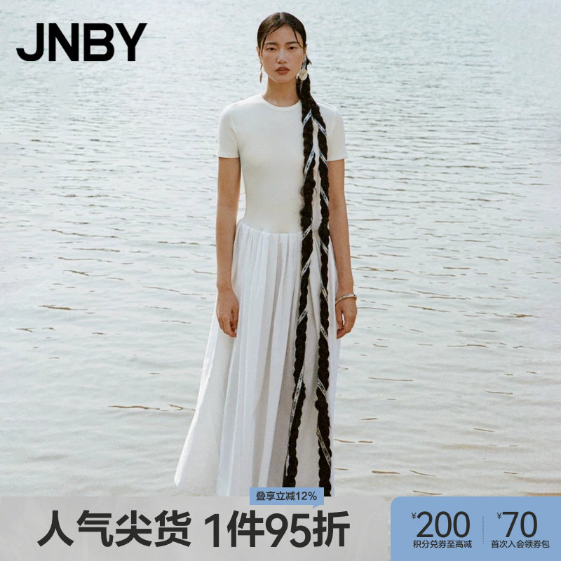 JNBY/江南布衣夏季女装拼接X型圆领连衣裙通勤时尚拼接短袖长裙 - 实物图