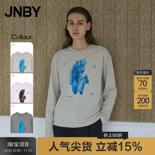 JNBY/江南布衣26春女T恤宽松棉质长袖上装舒适印花5Q111528H