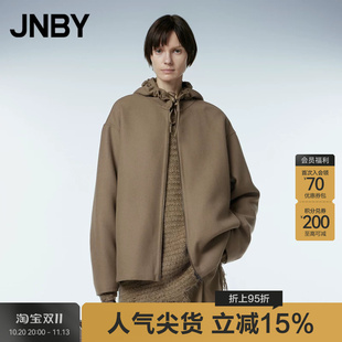JNBY/江南布衣秋冬连帽毛呢夹克外套女中长款双面呢大衣A型卫衣式