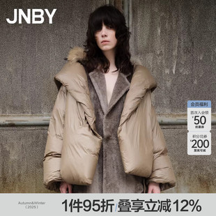 连帽毛领宽松休闲亮面通勤外套女 羽绒服中长款 JNBY 江南布衣冬季