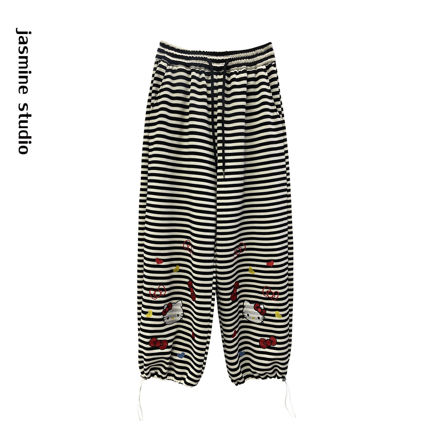 横条纹阔腿裤女冬季KT猫卡通刺绣花休闲抽绳加绒加厚束脚直筒长裤