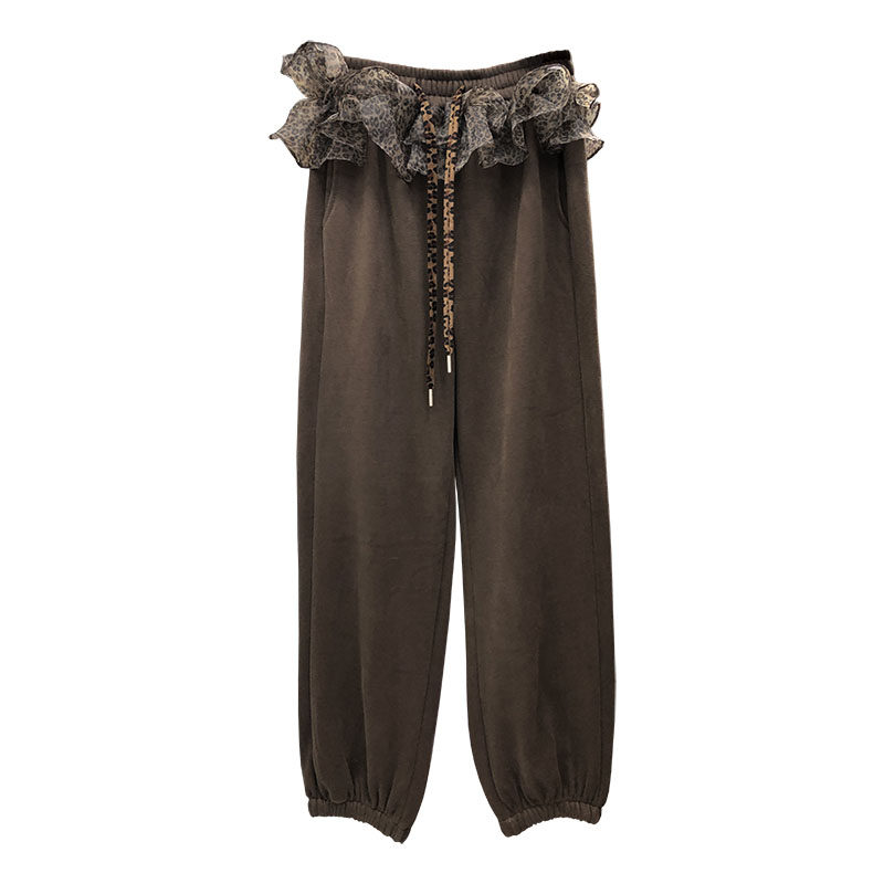 豹纹网纱荷叶边围裙拼接收口束脚哈伦卫裤女冬加绒加厚慵懒阔腿裤,女装/女士精品,卫裤,淘宝优惠券,粉丝福利购,淘宝优惠卷