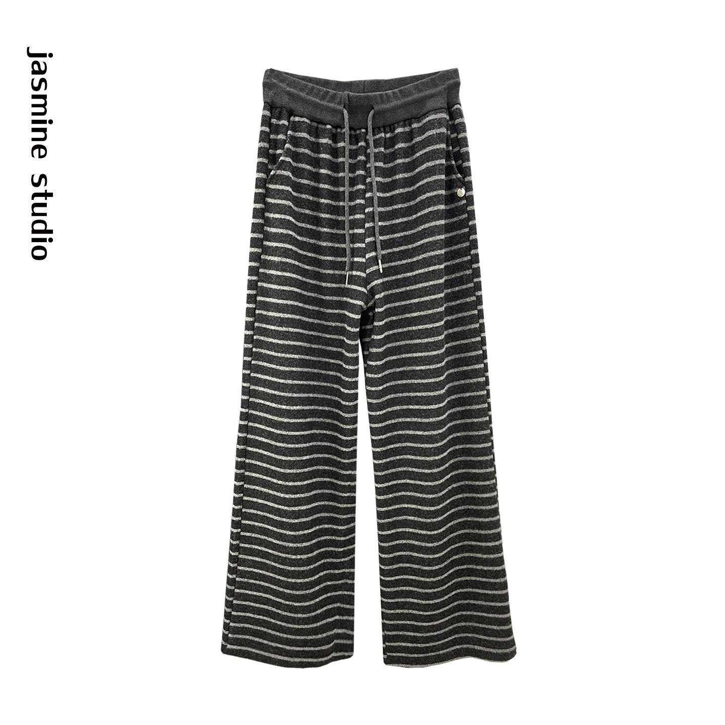 加绒加厚保暖横条纹阔腿裤女冬季显瘦直筒软糯垂感慵懒休闲糯米裤