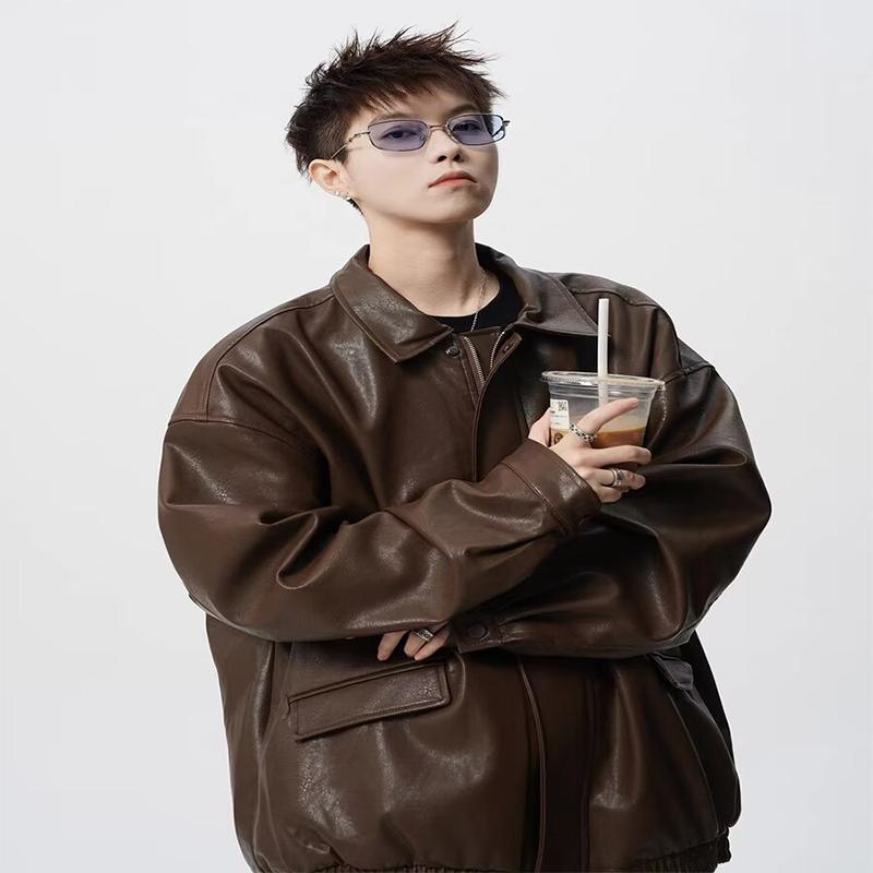 欧美街头风拉满男款宽松机车风PU皮夹克潮痞帅气尽显高级感外套