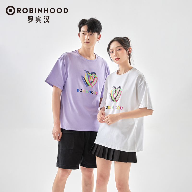 罗宾汉舒适时尚男女同款爱心短袖T恤潮牌半截袖夏季纯棉宽松上衣