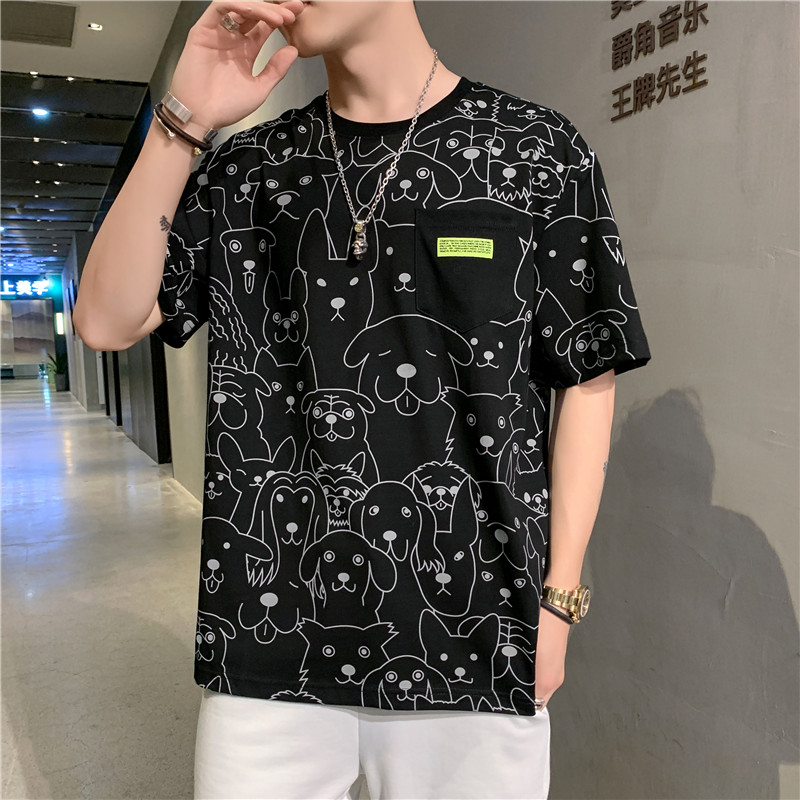 Short sleeve t-shirt men's summer Korean personality cartoon printed round neck half sleeve t-shirt men's fashion