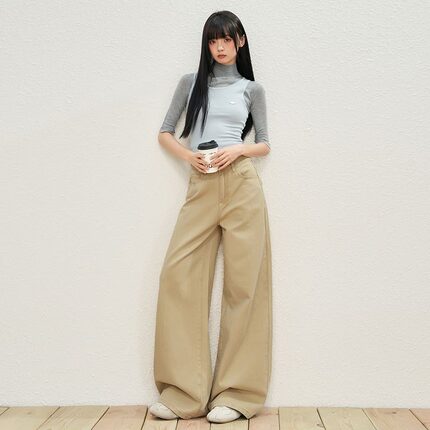 美式卡其色阔腿牛仔裤女2026新款夏季高腰宽松显瘦百搭直筒拖地裤