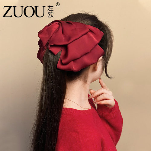 超大酒红色蝴蝶结发夹头饰扎马尾后脑勺高端缎面大号弹簧夹一字夹