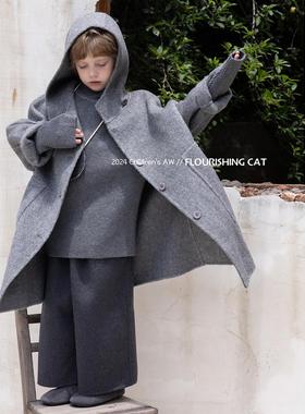 羊绒儿童呢大衣2024秋冬季新款连帽长款羊毛男童女童双面毛呢外套