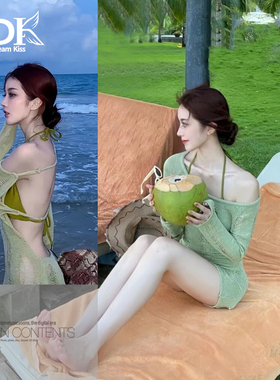 DK游泳衣女2025新款法式绿色针织显瘦长袖罩衫小胸聚拢比基尼泳装