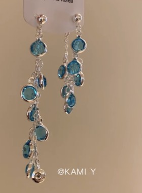 银针森系超仙蓝色水晶流苏耳环精致轻奢气质绝美耳坠清冷感耳饰女