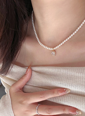 锆石方糖吊坠施家珠珠项链高级感轻奢小众锁骨链2025新款气质百搭